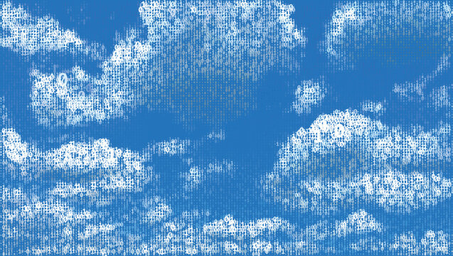 Vector binary digits cloud silhouettes on a blue gradient background. Layered data pattern with white numerals, digital texture, and technology backdrop.