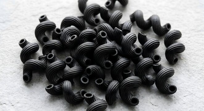 Macro flat lay of matte black squid ink cavatappi pasta spirals