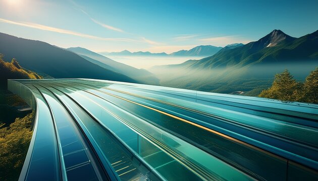 Glossy Diagonal Glass Lines Over A Misty Mountain Range With A Serene Summer Atmosphere