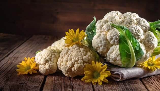 Cauliflowers And Florets On A Rustic Wooden Table