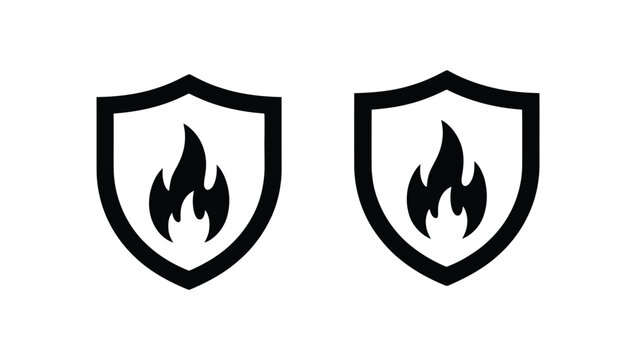 Fire shield icon featuring flame protection, safety badge, security symbol and black vector design for emergency branding