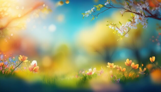 Beautiful Blurred Spring Background Nature With Blooming Glade Trees And Blue Sky On A Sunny Day Generative Ai