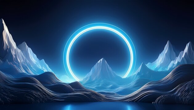 Abstract Blue Desktop Wallpaper Background With Snow Mountains And Neon Light Circle Round Line Water Waves Dark Black Blue Theme