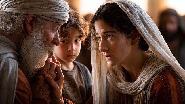 Hannah presenting young Samuel before priest Eli at the tabernacle in a sacred act of dedication.