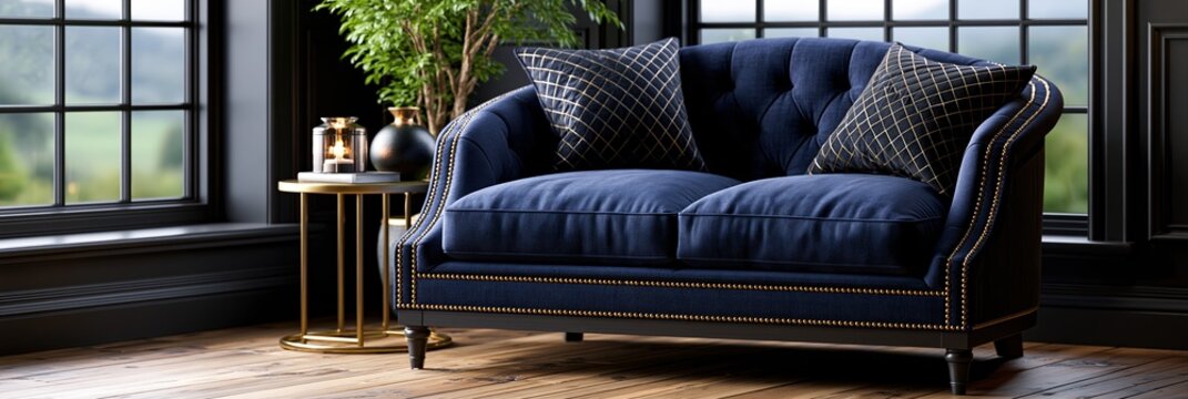 Elegant navy blue velvet sofa with gold nailhead trim and decorative pillows in a luxurious room with large windows