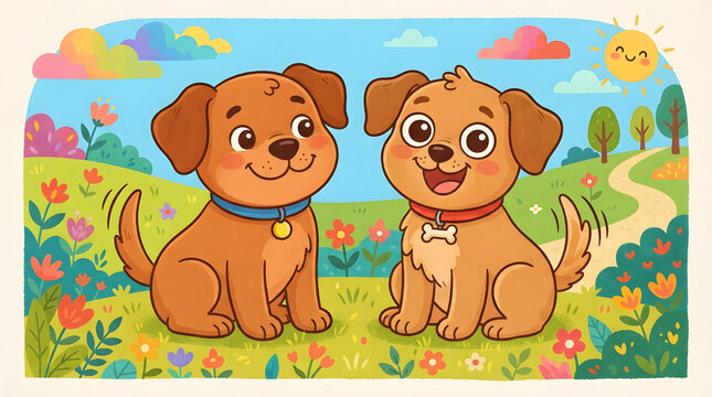 Two adorable cartoon puppies smiling brightly in a vibrant spring meadow, surrounded by colorful wildflowers and green hills under a sunny blue sky, embodying joy and loyal friendship