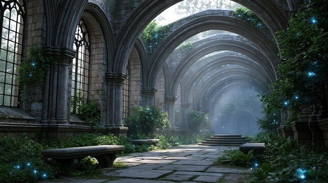 Enchanted ancient stone cloister overgrown with lush greenery and glowing magical lights