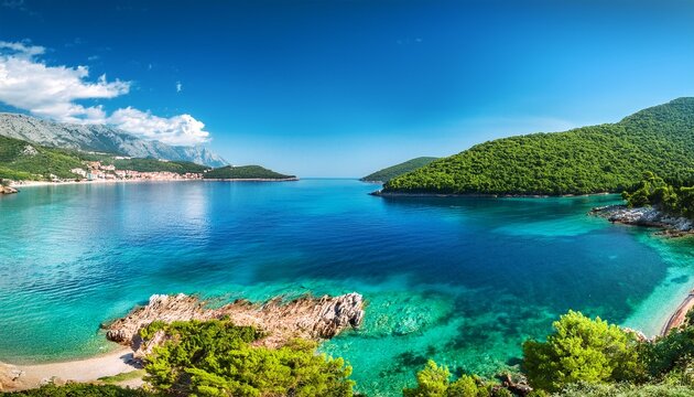 Serene Turquoise Waters And Pristine Natural Coastline Wrapping Around The Expansive Traste Bay On The Adriatic Sea In Montenegro