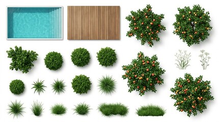 Fototapeta premium Outdoor garden layout top view swimming pool wooden deck fruit trees shrubs flowering plants patio photo