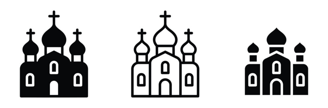WebOrthodox church icon set. Russian cathedral building symbol with onion domes and crosses for christian religion culture, kremlin architecture landmark, black and white vector illustration