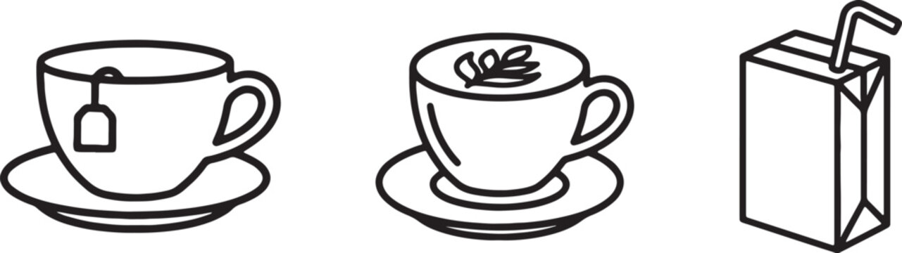 Minimalist line art icons of hot tea and refreshing juice box with beverage
