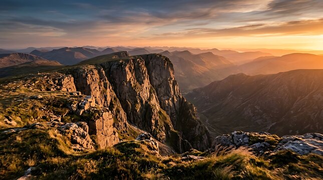 dramatic sunset over rugged mountain cliffs with golden grass