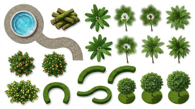 Outdoor garden layout top view stone pathway circular pool tropical palms citrus bushes moss logs photo