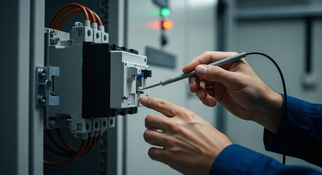 Electrician working on circuit breaker panel