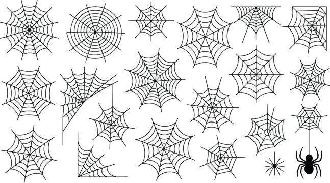 Halloween cobweb linear graphic illustration collection with diverse spider webs and corner patterns for decoration