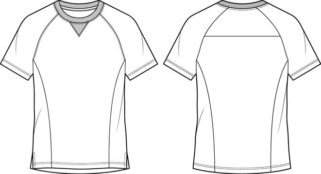 Men athletic raglan t-shirt technical fashion flat sketch front and back view vector design template