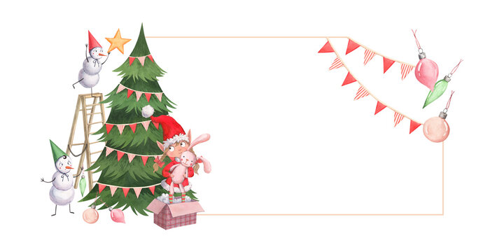 Christmas greeting frame with an elf holding a gift and snowmen