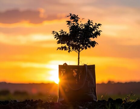 Young Tree Growing in Eco-Friendly Bag Against Beautiful Sunset Horizon in Nature Scene
