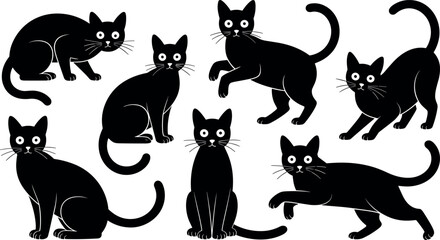 Cartoon black cat silhouette collection with various walking sitting and playing kitten poses for halloween designs © Raju