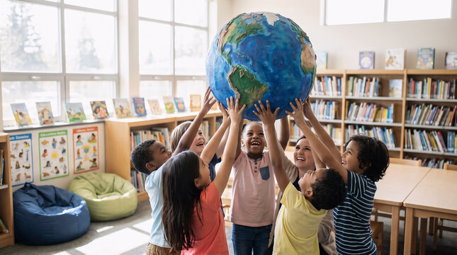 Group of diverse happy children holding up a large Earth globe together in school library with bookshelves background. Multiethnic kids showing teamwork. Celebrating World Children's Day