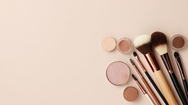 Pastel blush compacts and makeup brushes arranged on a warm light background, feminine cosmetics, beauty flat lay, minimalist branding, copy space