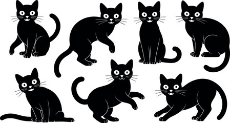 Cartoon black cat silhouette collection with various walking sitting and playing kitten poses for halloween designs © Raju