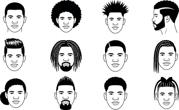 Black man avatar line art collection with various haircuts dreadlocks braids afro and beard styles