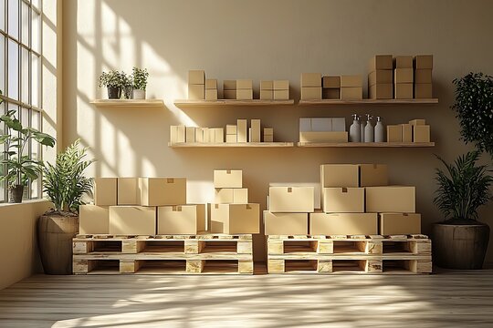 Cardboard boxes on wooden pallets and shelves in a room with plants