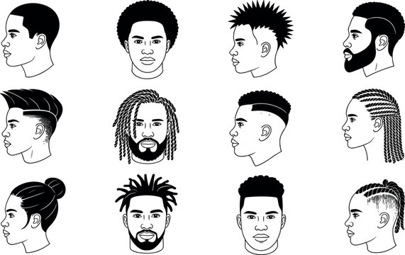 Black man avatar line art collection with various haircuts dreadlocks braids afro and beard d styles