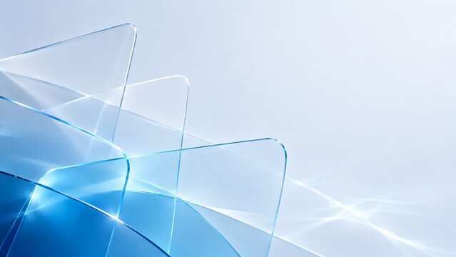 Abstract background featuring overlapping transparent glass rectangles with soft blue lighting and elegant sharp edges