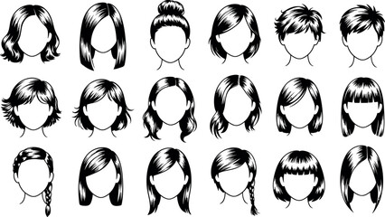 Obraz premium Women hairstyle vector sketch illustration set featuring various female haircuts and avatars isolated on white background