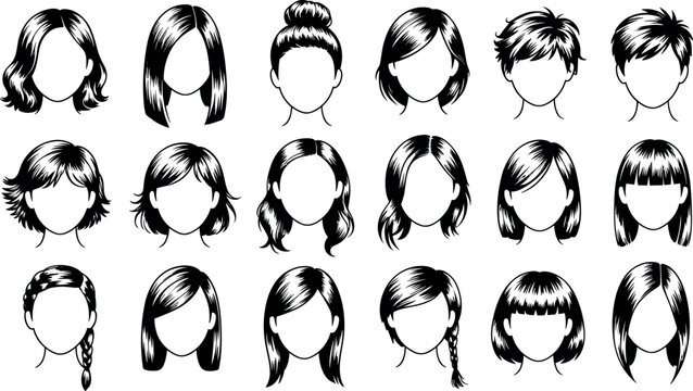 Women hairstyle vector sketch illustration set featuring various female haircuts and avatars isolated on white background