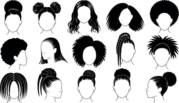 Black woman hairstyles vector set with afro curly braids locs buns and mohawk line art icon