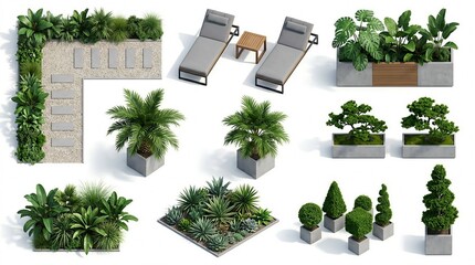 Fototapeta premium Outdoor garden layout top view gravel pathway lounge chairs bonsai succulents tropical plants modern planters photo