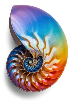 A detailed close-up of a chambered nautilus shell featuring its iconic spiral pattern and smooth pearly surface, isolated on white background, macro, life, curve