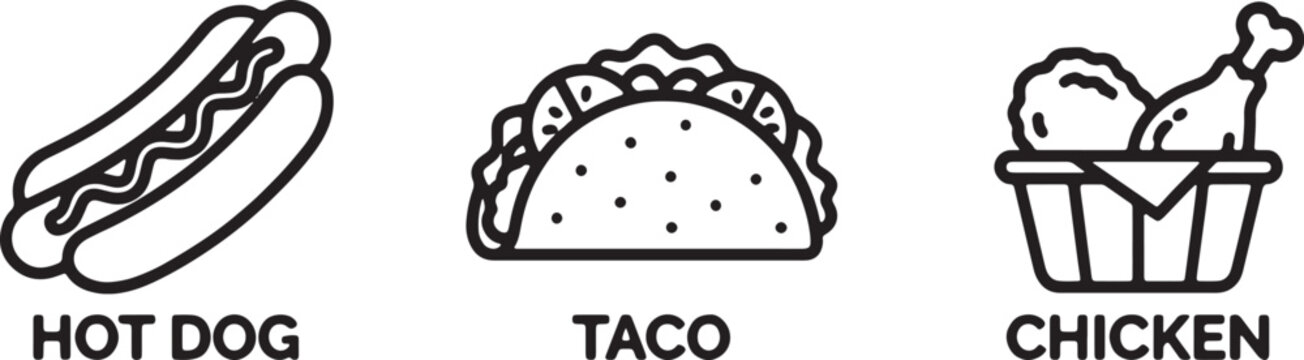 Fast food menu icons including hot dog taco fried chicken basket line art
