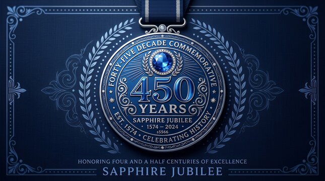 Contemporary sapphire blue forty-five decade commemorative medal graphic on a deep navy textured layout