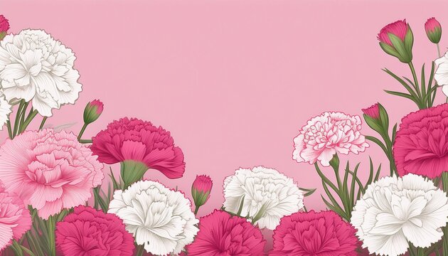 floral border of pink and white carnations on pink background