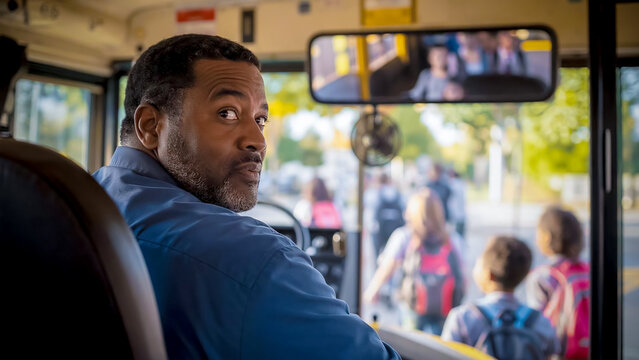 Bus driver gazes through the front window. He wears a blue shirt and holds the wheel. Children with backpacks stand outside. Their expressions show focused anticipation
