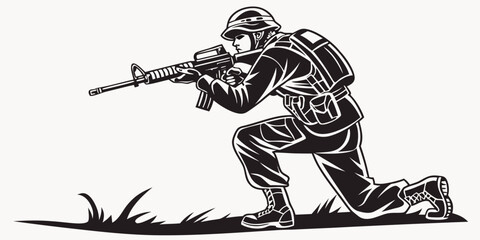 Black silhouette of soldier aiming rifle in combat stance © Abu