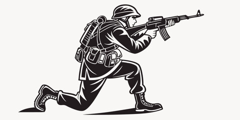 Black silhouette of a kneeling soldier aiming a rifle, military, camouflage uniform © Abu