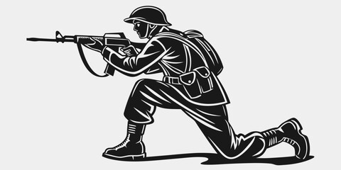 Black silhouette of kneeling soldier aiming rifle, military camouflage uniform © Abu