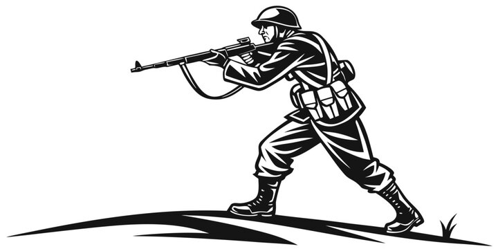 Black silhouette of soldier aiming rifle in combat stance army