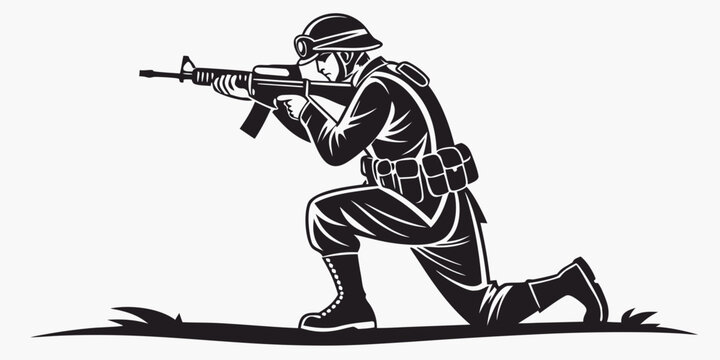 Black silhouette of a kneeling soldier aiming a rifle, military action aiming rifle