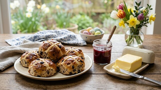 Homemade Traditional Easter Buns with Dried Fruit Served with Jam and Fresh Butter on a Table for Spring Holiday Celebration Background  hot cross buns easter buns sweet rolls dried fruit