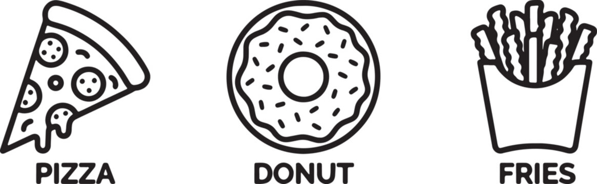 Assorted fast food icons featuring pizza slice glazed donut french fries