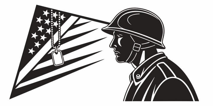 Black silhouette of us soldier with dog tags and american flag patch military