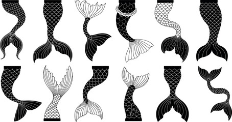 Mermaid tail vector illustration set with various fish scales and fin silhouettes for marine fantasy  designs © Raju