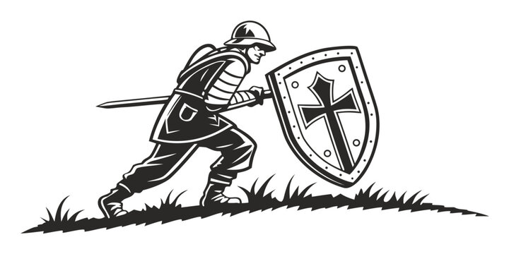 Black silhouette of soldier holding combat shield with bayonet rifle military