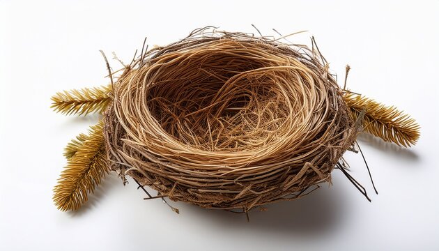empty real bird nest made of natural dry straw and brown twigs isolated on a white background as a round animal home object from nature